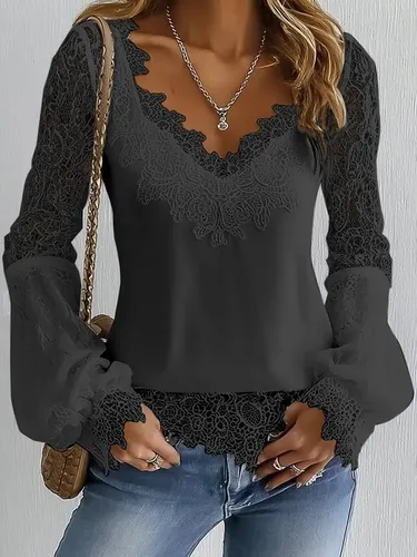Sheer Lace Patchwork V Neck Lantern Sleeve Blouse - Ursime - Modalova