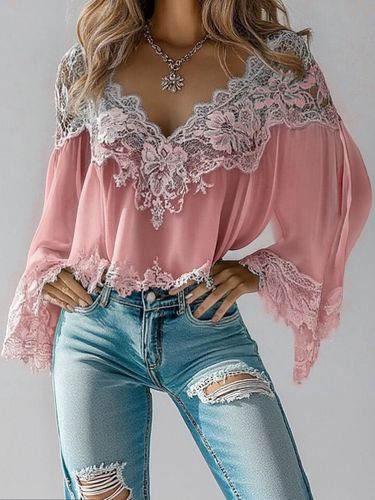 Casual Floral Lace V Neck Long Sleeve Blouse - Ursime - Modalova
