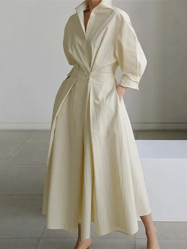 Elegant Pocket Button Lapel Collar Fold Solid Midi Dress - Ursime - Modalova