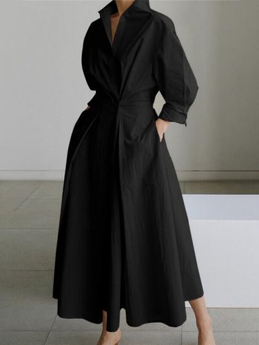 Elegant Pocket Button Lapel Collar Fold Solid Midi Dress - Ursime - Modalova
