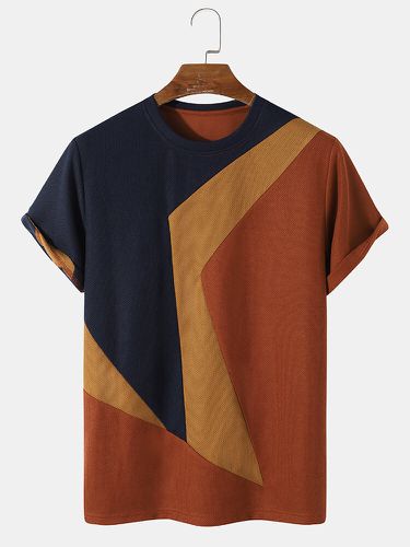 Camisetas de manga corta preppy con costuras de bloques de colores irregulares de punto para hombre - ChArmkpR - Modalova