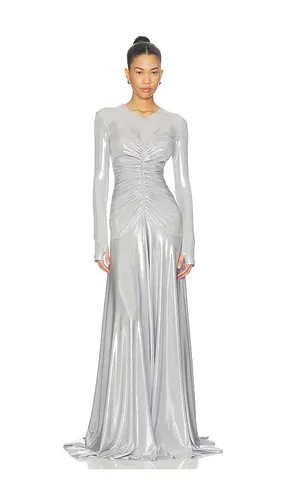 Long Sleeve V Neck Shirred Front Flared Gown in Metallic , grey. - size L (also in S, XS, XXS) - Norma Kamali - Modalova