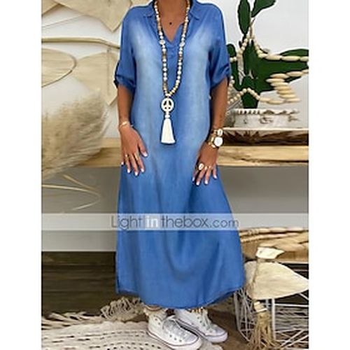 Women's Maxi long Dress Denim Dress Blue Half Sleeve Split Pure Color V Neck Fall Spring Stylish Casual 2022 Loose M L XL XXL - Ador ES - Modalova