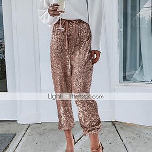 Women's Chic Modern Fashion Sequins Shiny Metallic Straight Chinos Tapered Carrot Pants Knee Length Pants Solid Colored Sparkly Mid Waist Black Gold S M L XL - Ador.com UK - Modalova
