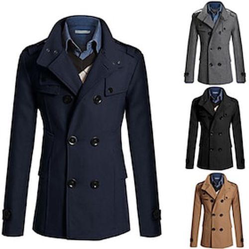 Men's winter trench coat double breasted pea coat notched collar overcoat business down jacket (black,medium) - Ador.com UK - Modalova
