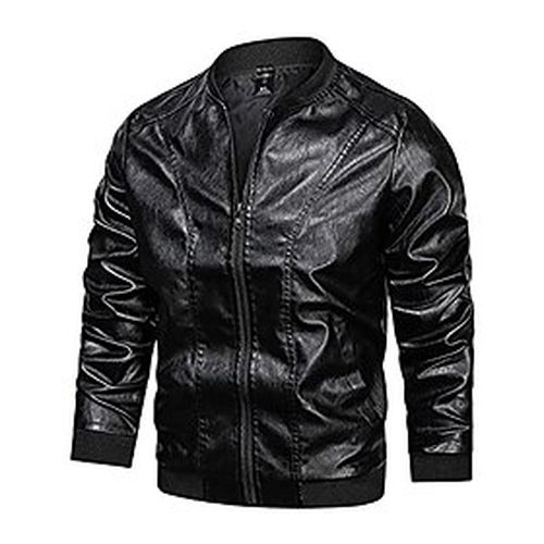 Men's round neck faux leather jacket windbreaker zipper lightweight coat motorcycle jacket casual baseball uniform - Ador.com UK - Modalova