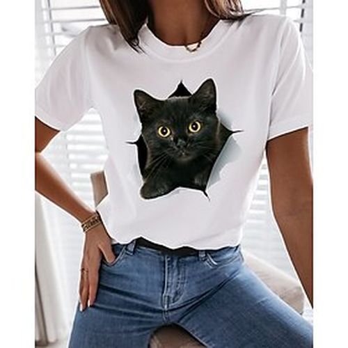 Women's T shirt Tee Black White Print Cat 3D Casual Weekend Short Sleeve Round Neck Basic Regular 3D Cat Painting S - Ador.com UK - Modalova