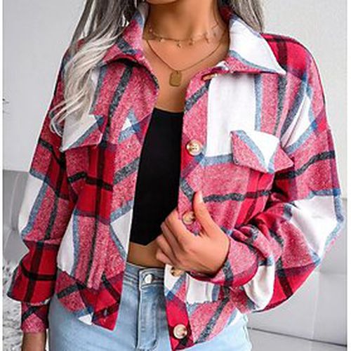 Women's Casual Jacket Street Casual Comfortable Single Breasted Button with Pockets Stylish Street Style Turndown Loose Fit Plaid Outerwear Fall Spring Long Sl - Ador.com UK - Modalova