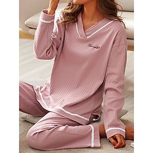 Women's Plus Size Pajamas Pajama Top and Pant Sets Fashion Casual Comfort Stripe Cotton Home Daily Bed V Wire Breathable T shirt Tee Long Sleeve Pant - Ador.com UK - Modalova