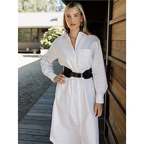 Women's Shirt Dress Maxi White Cotton Dress Essential Casual Long Sleeve Collared Button Down - Ador - Modalova