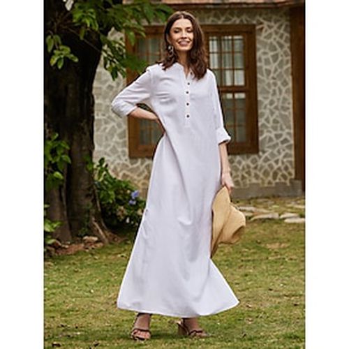 Women's White Cotton Linen Maxi Dress 55% Linen Loose Casual Plain Crew Neck Long Sleeve Spring Summer - Ador - Modalova