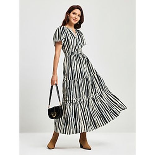 Stripe Shirred V Neck Maxi A Line Midi Dress - Ador - Modalova