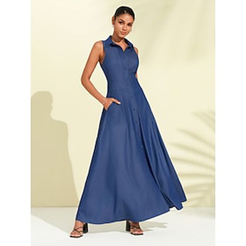 Women's Indigo Lapel Button Up Sleeveless Maxi Dress - Ador - Modalova