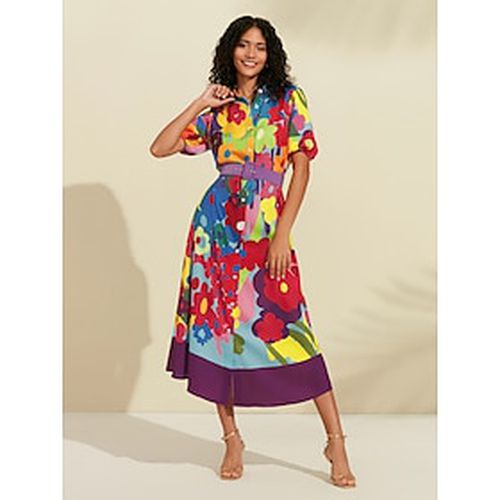 Rainbow Floral Print Belted Midi Shirt Dress - Ador - Modalova