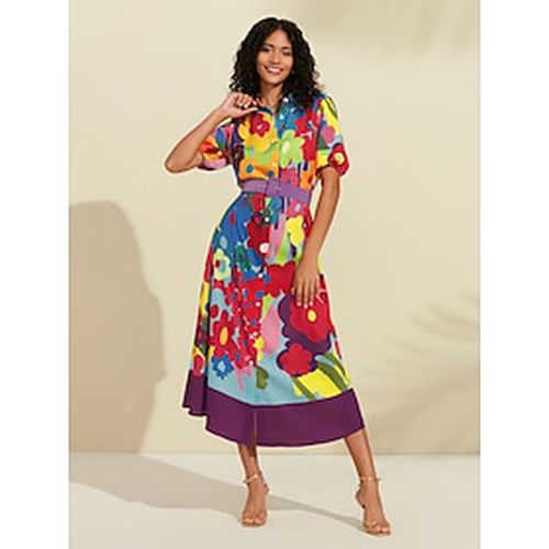 Women's Shirt Dress Print Dress Midi Dress Rainbow Half Sleeve Flower / Plants Printing With Belt Summer Shirt Collar Pattern Dress S M L - Ador - Modalova