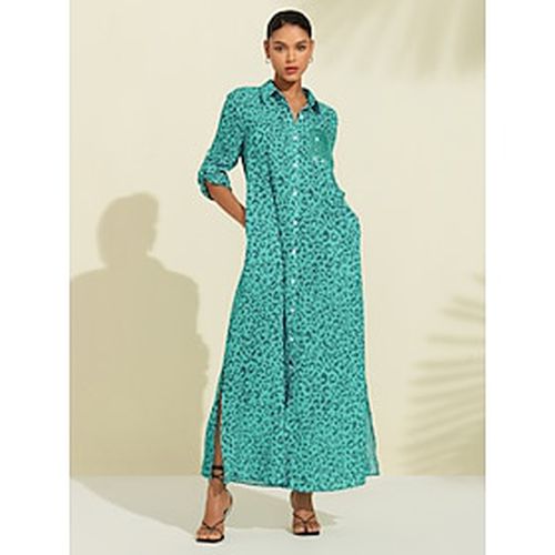 Women's Shirt Dress Print Dress Maxi Dress Blue Green Leopard prints Roll up Sleeves Sequin Summer Shirt Collar Leopard Print S M L - Ador.com - Modalova