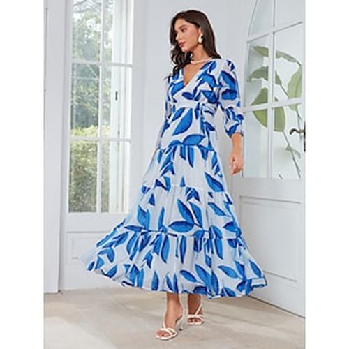 Chiffon Leaf Print V Neck Maxi Dress - Ador - Modalova