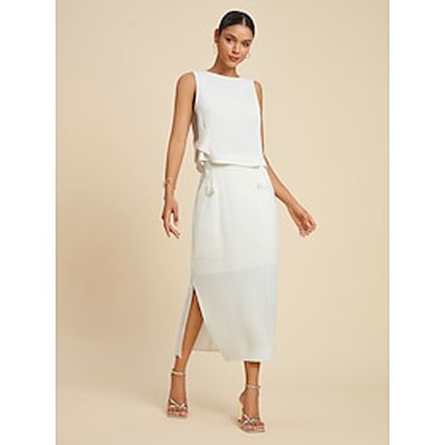 Women's Matte Satin Wedding Guest White Dress Button Front Jewel Neck Two Piece Set with Pockets - Ador.com - Modalova