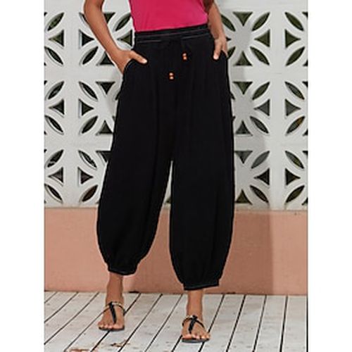 Women's Linen Black Loose Pleated Adjustable Drawstring Dhoti Pants with Pockets - Ador.com - Modalova