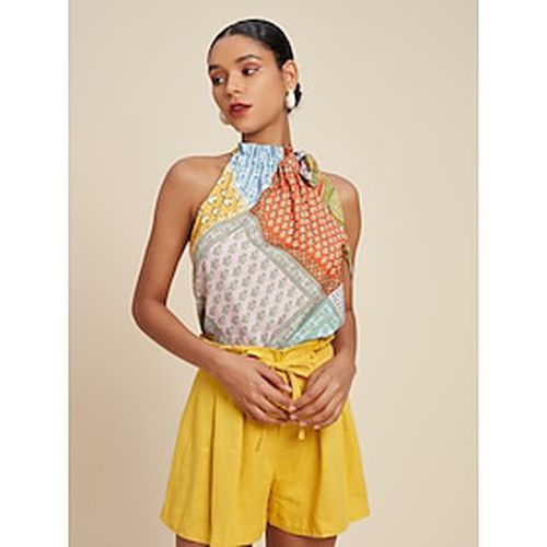 Satin Colorful Silk Scarf Print Stand Collar Tie Sleeveless Top - Ador - Modalova