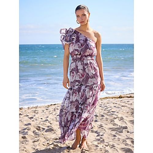 Chiffon Wedding Guest Rose Red Floral One Shoulder Short Sleeve Maxi Dress - Ador.com - Modalova