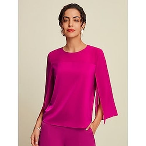 Satin Solid Color Split Crew Neck Blouse - Ador - Modalova