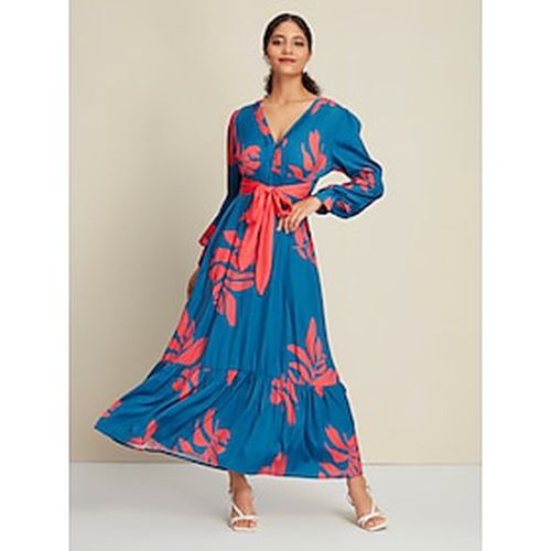 Satin Wedding Guest Intricate Craftsmanship A line Leaf Print Long Sleeve V Neck Maxi Dress - Ador - Modalova