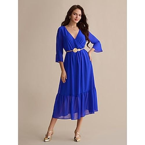 Chiffon Wedding Guest Royal Blue Belted 3/4 Length Sleeve V Neck Midi Dress dress to impress 2024 - Ador - Modalova