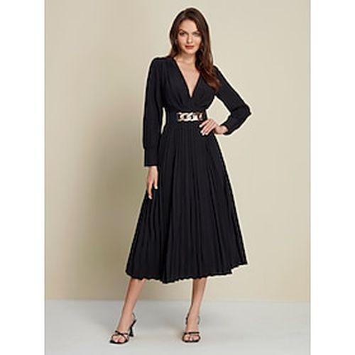 Black Satin Pleated Party/Wedding Guest Deep V Long Sleeve Belted Maxi Dress dress to impress 2024 - Ador.com - Modalova