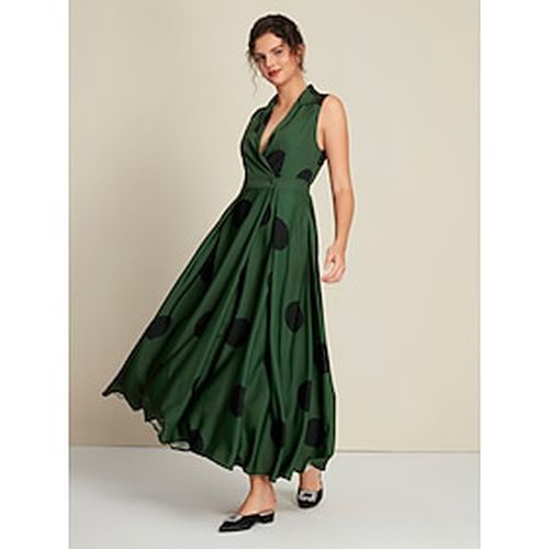 Satin Hem Polka Dot Shirt Collar Sleeveless V Neck Maxi Dress - Ador.com - Modalova