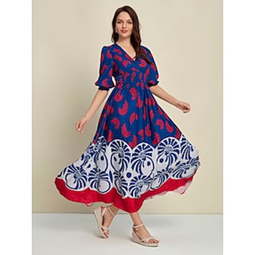 Satin Swing Floral Smocked 3/4 Length Sleeve V Neck Maxi Dress - Ador - Modalova