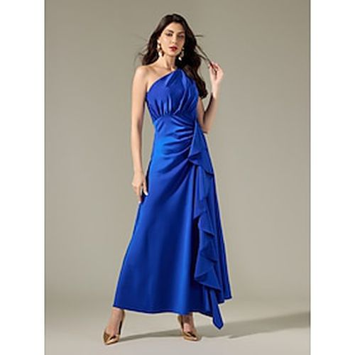 Satin Blue Sleeveless One Shoulder Ruffle Maxi Dress - Ador.com - Modalova