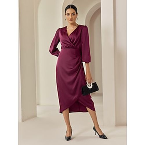 Satin Burgundy Ruched Wrap Lantern Sleeve Party/Wedding Guest Midi Dress dress to impress 2024 - Ador - Modalova