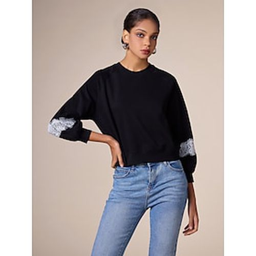 Cotton Blend Lace Trim Sleeves Ribbed Hem Black Sweatshirt - Ador - Modalova