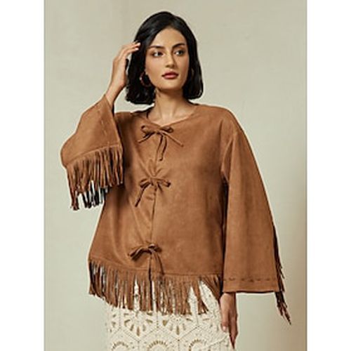 Suede Fringed Flare Cuff Sleeve Jacket - Ador.com - Modalova