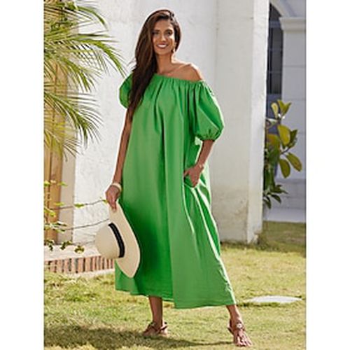 Women's Cotton Maxi Dress Casual Resort Wear Vacation Dress Green Loose Fit Off-Shoulder Puff Sleeve A line Summer Dress - Ador.com - Modalova