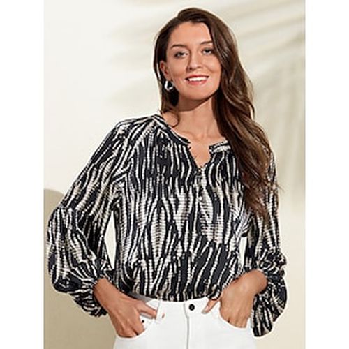 Women's Spotted Print Chiffon Shirt Lantern Sleeve Notched Collar Buttoned Blouse - Ador - Modalova