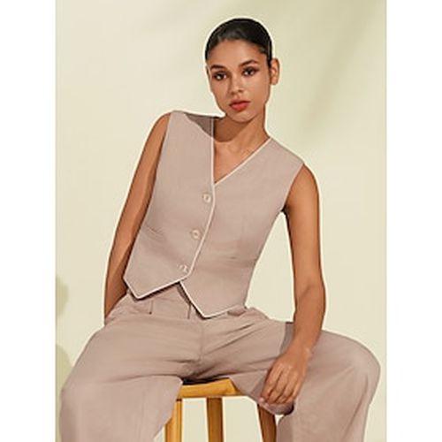 Women's Cotton Linen Vest Tan Chic Casual Work Wear Pocket Button Down V-Neck Summer - Ador - Modalova