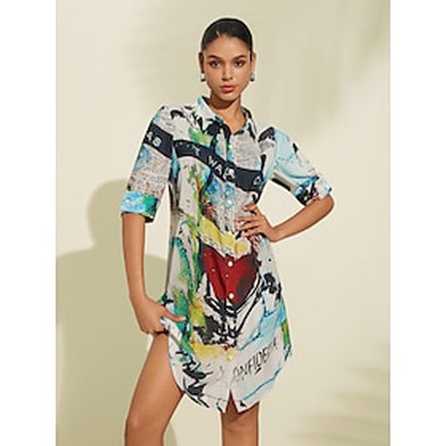 Women's Shirt Dress Summer Dress Loose Dress Mini Dress White Half-Sleeve Text Graphic Prints Splash Ink Printing Print Collared Shirts Spring Summer - Ador - Modalova