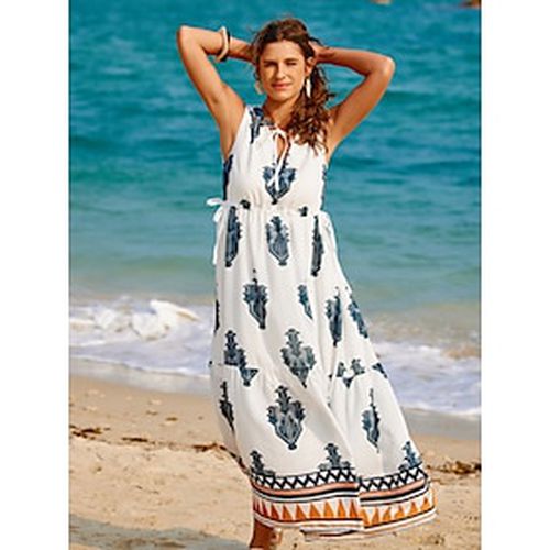 Women's Print Dress Maxi long Dress White Sleeveless Boho / Paisley / Damask Drawstring Summer V Neck Vacation Dress beach vacation S M L - Ador.com - Modalova