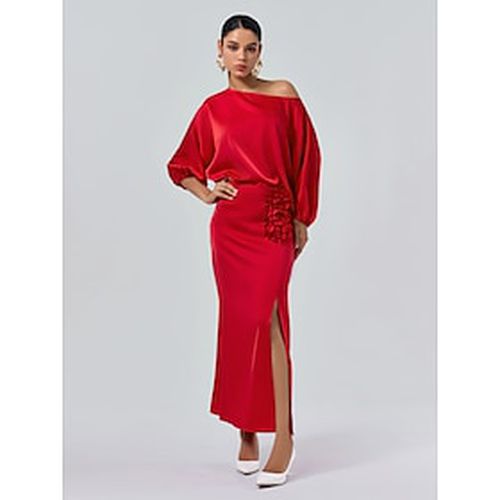 Satin Wedding Guest Floral Slash Neck Juliet Sleeve Wide Leg Two Piece Set - Ador.com - Modalova