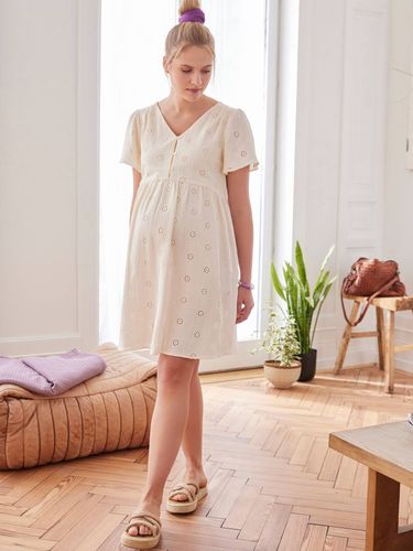 Robe gaze de coton brodé grossesse et allaitement écru - Vertbaudet - Modalova
