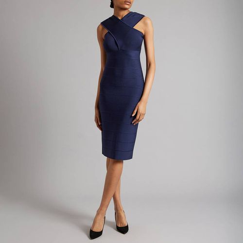 Navy Draped Cross Neck Bandage Dress - Herve Leger - Modalova