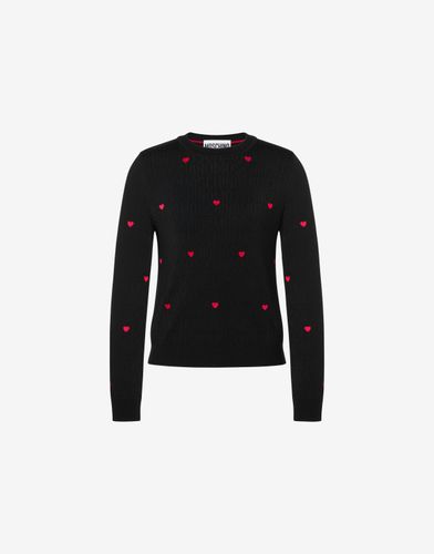 Wool Pullover With Allover Logo Hearts - Moschino - Modalova