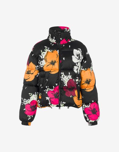 Waterproof Nylon Puffer Jacket With Flower Print - Moschino Jeans - Modalova