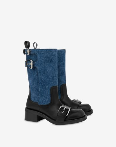 Denim And Calfskin Multistrap Boots - Moschino - Modalova