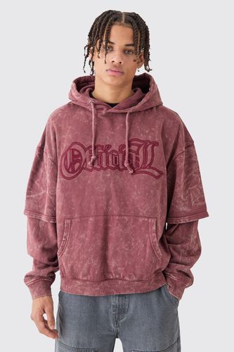 Oversized Boxy Faux Layer Acid Wash Ofcl Embroidered Hoodie - - L - boohooMAN - Modalova