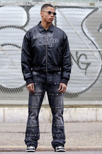 Slim Rigid Flare Embellished Strap Detail Jeans In Charcoal - - 32R - boohooMAN - Modalova