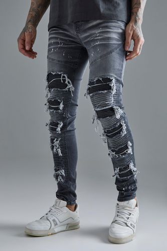 Tall Super Skinny Pu Biker Rip & Repair Paint Splatter Jeans - - 40 - boohooMAN - Modalova