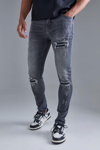 Skinny Stretch Black Pu Biker Rip & Repair Jeans - - 30R - boohooMAN - Modalova